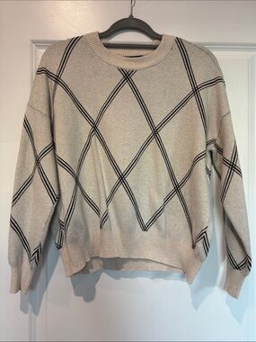 Tahari Cream Crewneck Sweater with Black Diamond Stripe